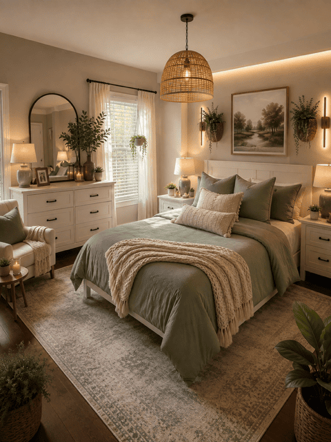 Sage green bedroom featuring a white bed frame, comforter set, woven pendant light, table lamps, round mirror, dresser, nightstands, area rug, wall sconces, botanical wall art, and cozy American bedroom decor.