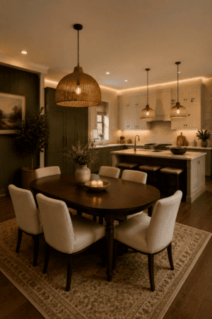 Elegant American dining room featuring a round dark wood dining table, upholstered dining chairs, woven rattan pendant lights, kitchen island, bar stools, area rug, greenery, and modern farmhouse decor.