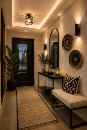 Warm modern entryway with black console table, cushioned bench, jute runner rug, oval mirror, woven wall decor, wall sconces, indoor plants, and soft ambient lighting.