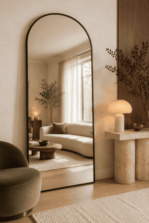 Elegant oversized arched black frame floor mirror displayed in a warm modern American living room with neutral furniture, natural wood accents, an olive green chair, soft lighting, and cozy organic décor inspiration from a complete mirror collection.