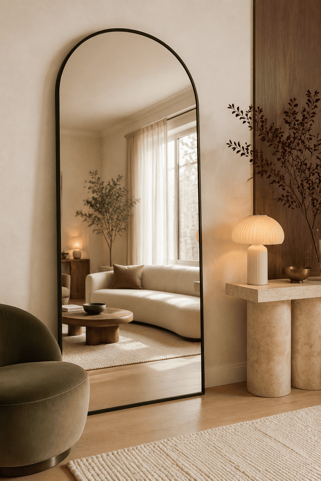 Elegant oversized arched black frame floor mirror displayed in a warm modern American living room with neutral furniture, natural wood accents, an olive green chair, soft lighting, and cozy organic décor inspiration from a complete mirror collection.