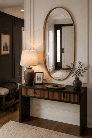 Large elongated oval wood frame wall mirror displayed above a black and fluted wood console table in a warm American entryway featuring charcoal accents, soft lamp lighting, neutral décor, greenery, and an inviting modern organic interior design style.