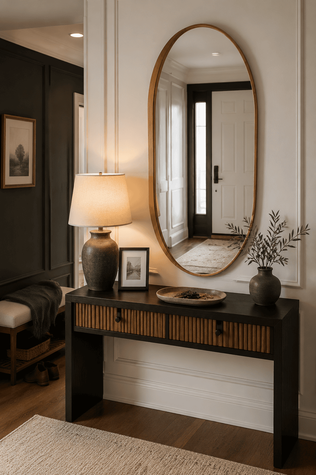 Large elongated oval wood frame wall mirror displayed above a black and fluted wood console table in a warm American entryway featuring charcoal accents, soft lamp lighting, neutral décor, greenery, and an inviting modern organic interior design style.