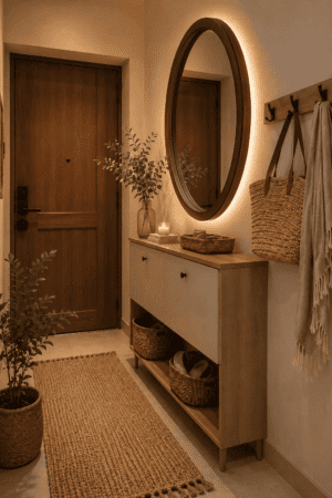 Oversized oval dark wood frame wall mirror with warm backlighting displayed above a natural wood entryway cabinet, surrounded by woven baskets, greenery, neutral textiles, and cozy organic décor in a welcoming modern American home entrance.