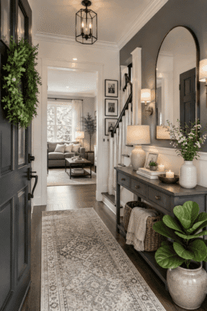 Shop this warm modern American entryway featuring a charcoal console table, arched mirror, vintage runner rug, woven baskets, plants, lamps, and elegant neutral decor.
