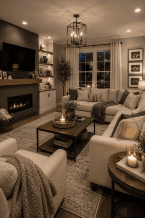 Recreate this trending cozy American living room with cream sectional sofas, black fireplace wall, wood coffee table, neutral rug, candles, and warm lighting.
