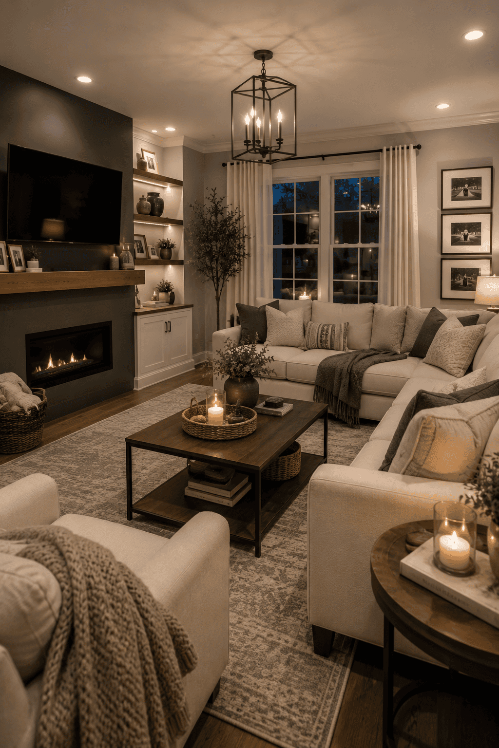 Recreate this trending cozy American living room with cream sectional sofas, black fireplace wall, wood coffee table, neutral rug, candles, and warm lighting.