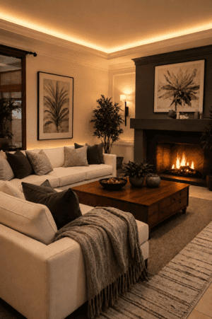 Cozy American living room featuring cream sofas, charcoal pillows, wooden coffee table, layered neutral rugs, warm fireplace, plants, and ambient lighting.