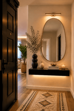 Get this warm modern American entryway look featuring an organic gold mirror, black floating console, olive branches, neutral runner rug, and ambient lighting.