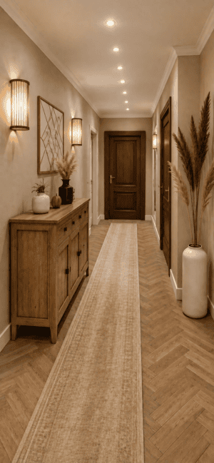 Bring home this organic modern hallway look featuring a natural wood sideboard, neutral runner rug, herringbone flooring, warm sconces, ceramic vases, and pampas grass.