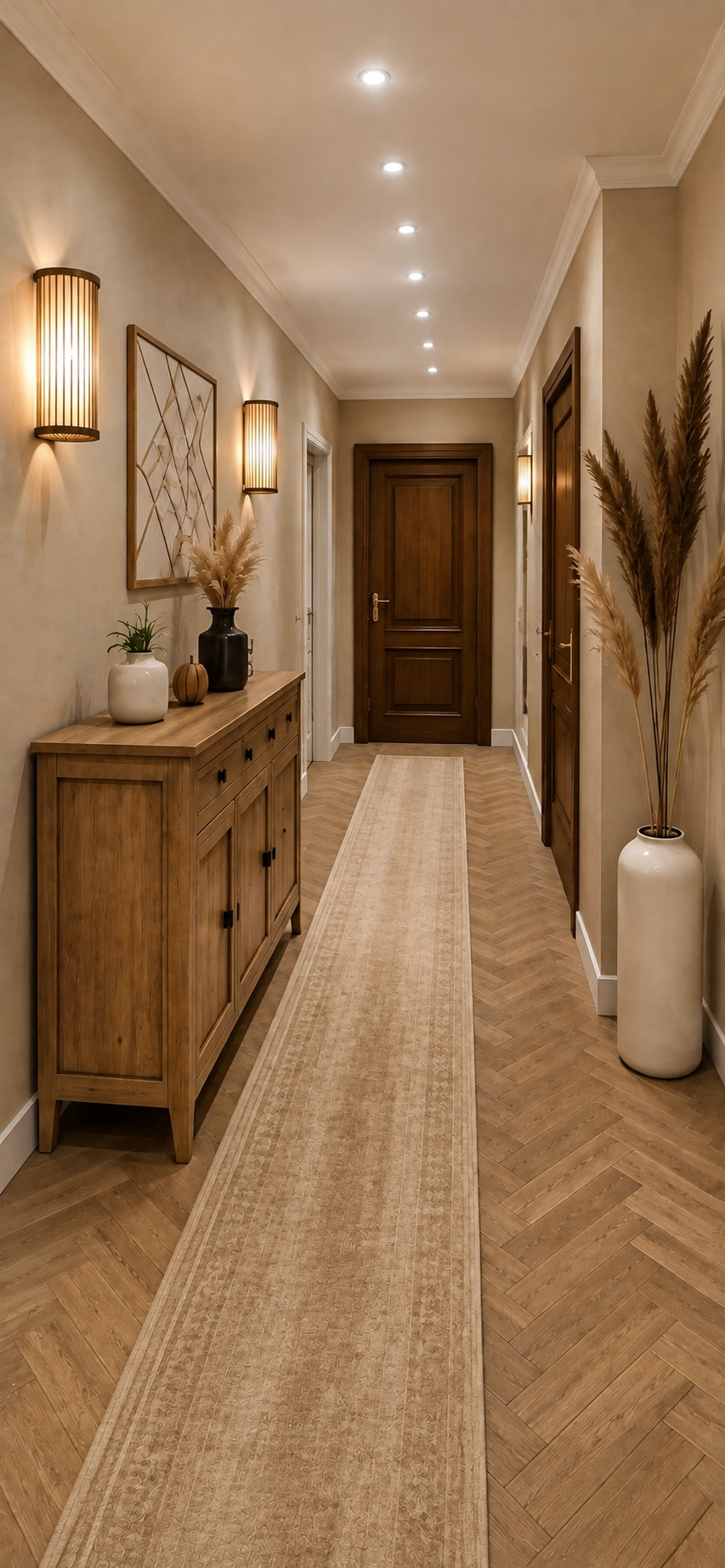 Bring home this organic modern hallway look featuring a natural wood sideboard, neutral runner rug, herringbone flooring, warm sconces, ceramic vases, and pampas grass.
