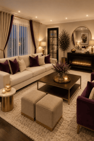 Shop every linked product from this elegant cream and plum living room, including sofas, chairs, pillows, ottomans, tables, rug, mirror, lamps, curtains, and decor.