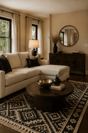 Shop every product in this organic modern American living room featuring a cream sectional, round wood table, geometric rug, sideboard, mirror, lighting, and black accents.