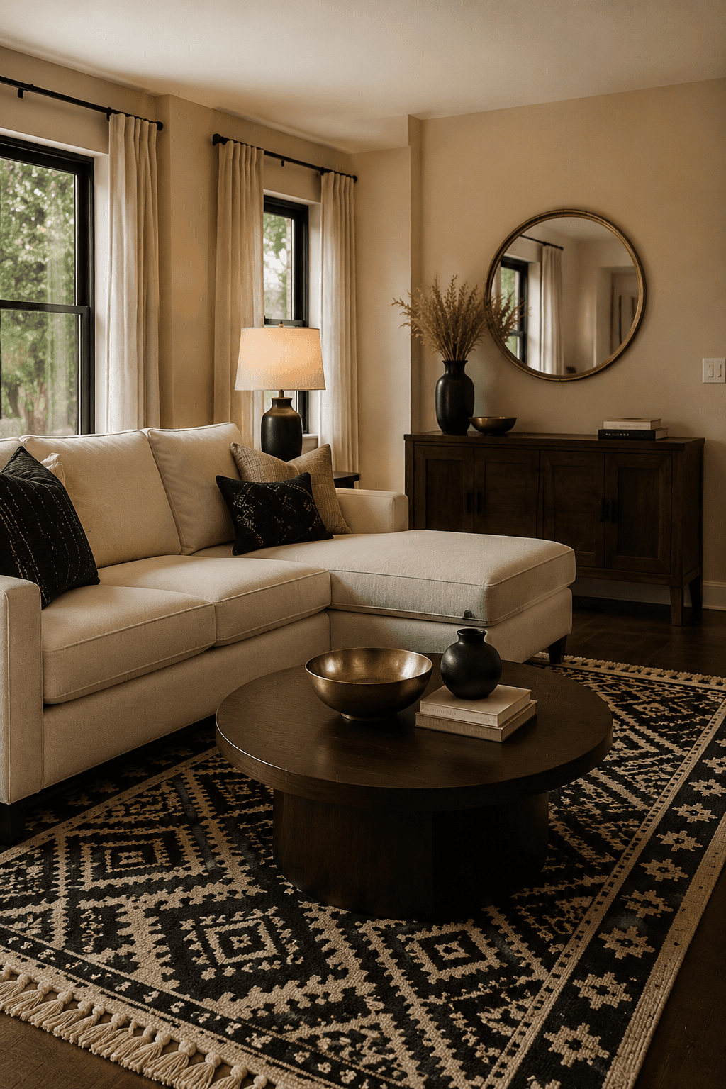 Shop every product in this organic modern American living room featuring a cream sectional, round wood table, geometric rug, sideboard, mirror, lighting, and black accents.