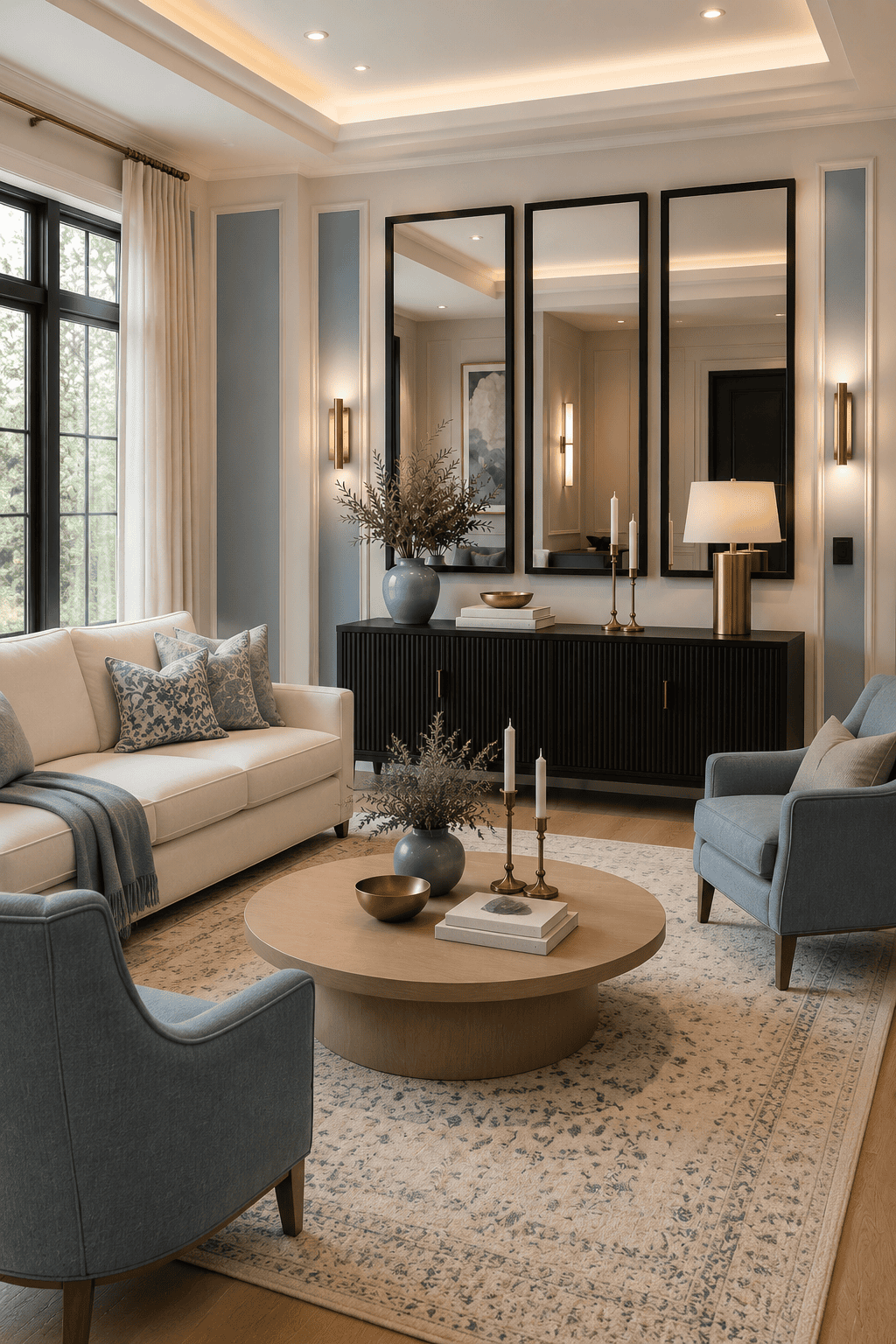 Shop linked products from this serene American living room featuring cream sofa, blue accent chairs, round wood table, patterned rug, black sideboard, mirrors, and brass lighting.