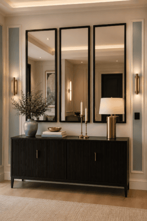 Shop this luxury modern entryway look featuring a black fluted console cabinet, three black framed mirrors, brass sconces, gold lamp, candles, books, and greenery.