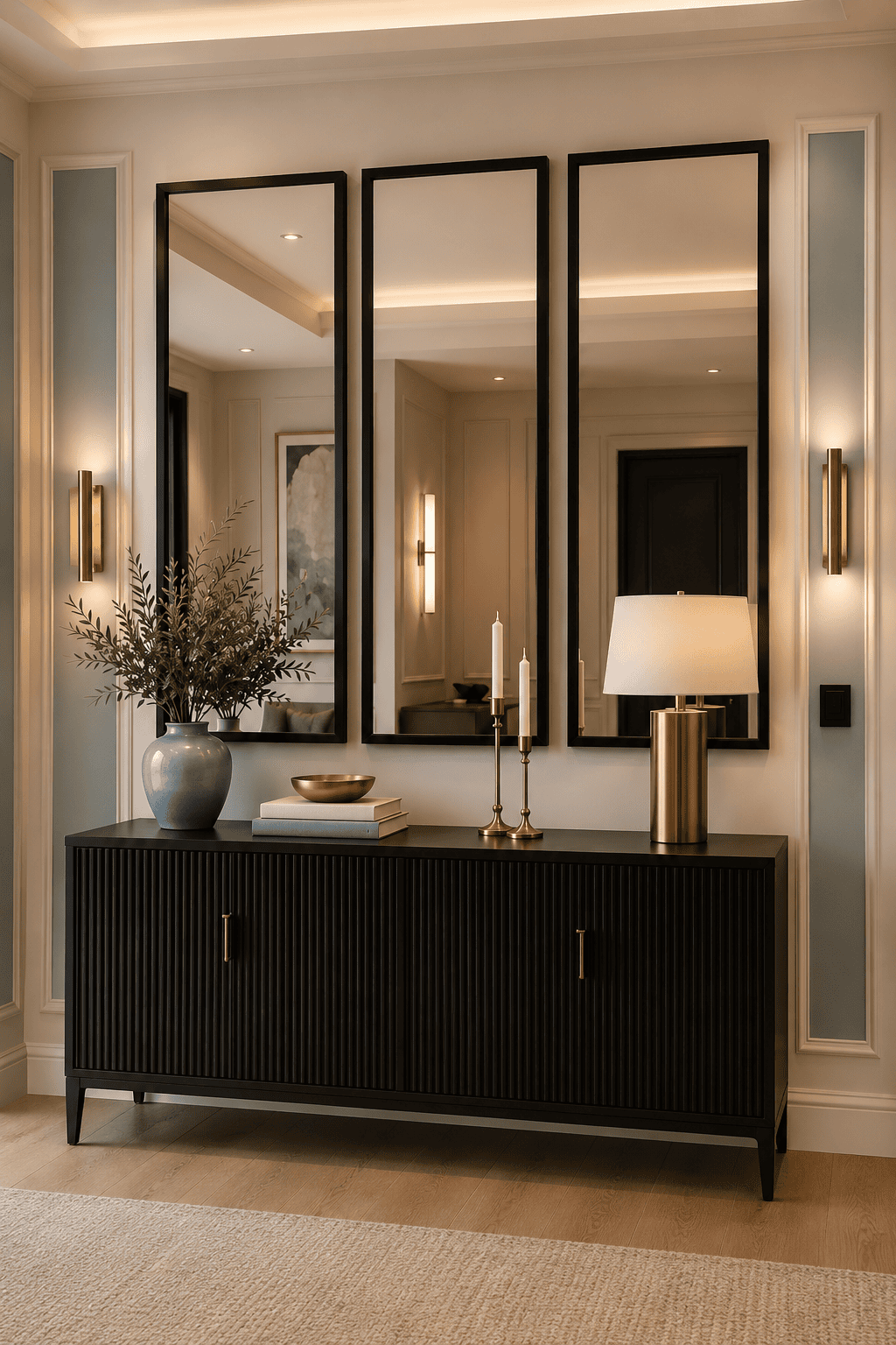 Shop this luxury modern entryway look featuring a black fluted console cabinet, three black framed mirrors, brass sconces, gold lamp, candles, books, and greenery.
