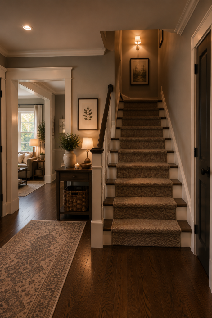 Grey and white staircase with patterned runner, dark wood steps, framed artwork, and warm accent lighting