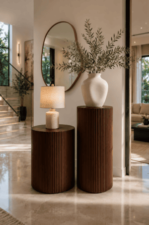 Luxury modern American entryway featuring two fluted dark wood pedestal tables, ceramic lamp, oversized white vase, olive branches, and irregular bronze framed mirror.