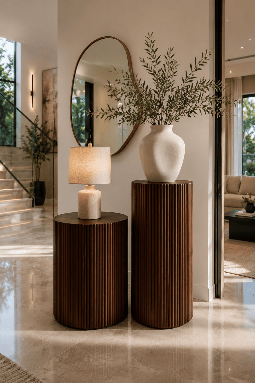 Luxury modern American entryway featuring two fluted dark wood pedestal tables, ceramic lamp, oversized white vase, olive branches, and irregular bronze framed mirror.