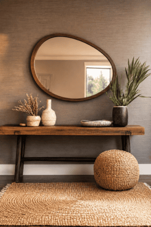 Organic modern American entryway featuring an irregular walnut mirror, rustic wood console table, woven jute rug, braided pouf, ceramic vases, and natural greenery.
