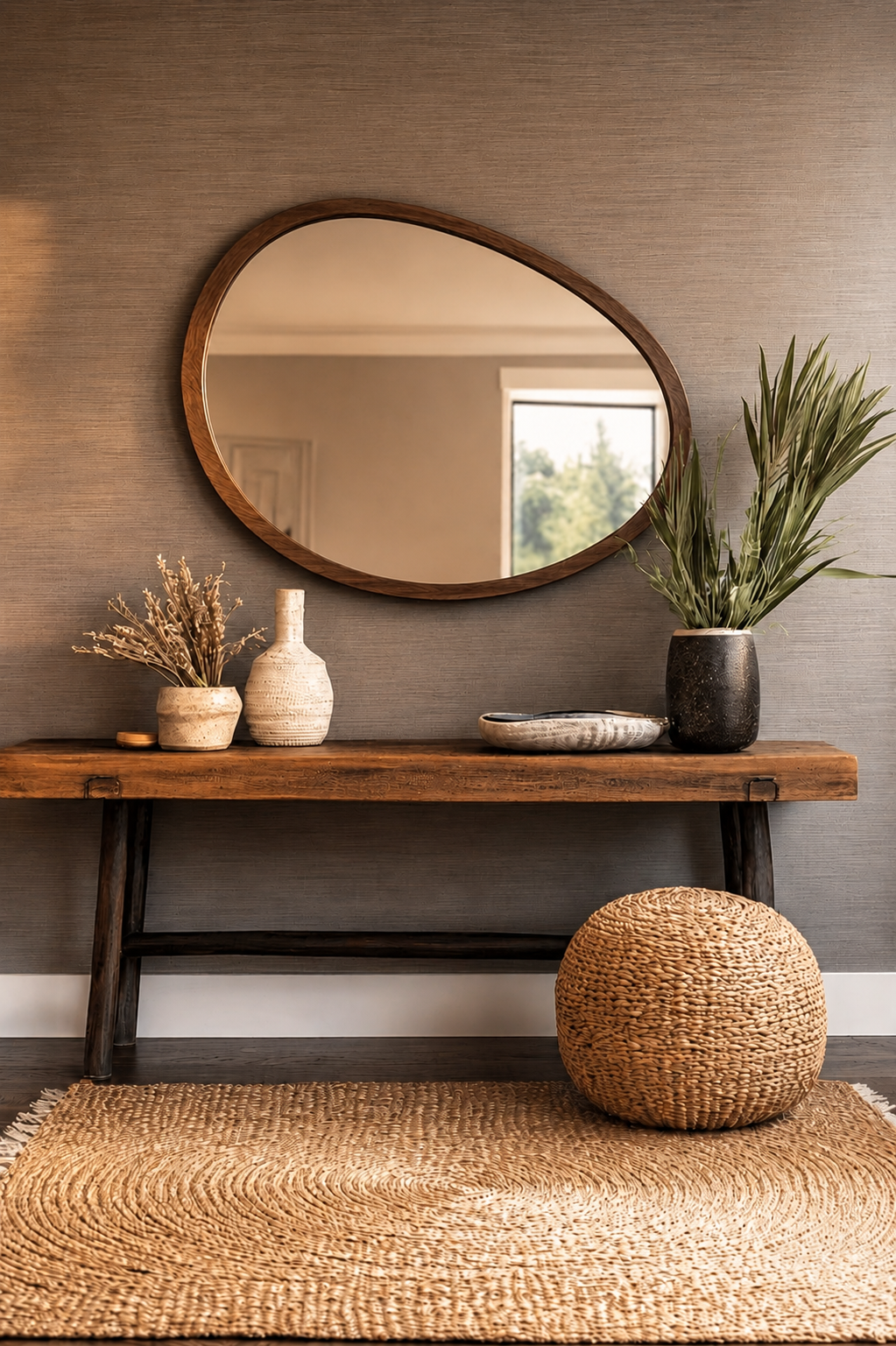 Organic modern American entryway featuring an irregular walnut mirror, rustic wood console table, woven jute rug, braided pouf, ceramic vases, and natural greenery.
