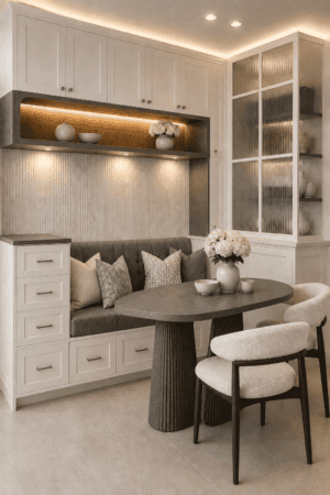 Cozy modern American breakfast nook featuring white built-in cabinets, charcoal upholstered banquette, oval dining table, ivory chairs, warm lighting, pillows, and hydrangeas.