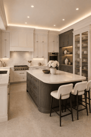 Elegant modern American kitchen with white Shaker cabinetry, charcoal fluted island, curved stone countertop, upholstered stools, brass hardware, and ribbed-glass pantry doors.