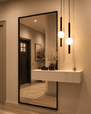 Modern American entryway featuring an oversized black floor mirror, white fluted floating console, globe pendant lights, dried branches, reed diffuser, and warm neutral decor.