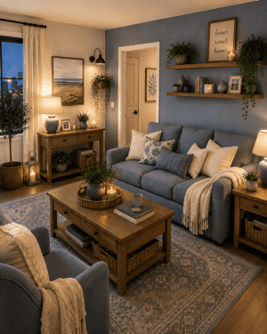 Warm blue farmhouse living room with dusty-blue seating, natural wood furniture, vintage patterned rug, layered pillows, woven baskets, greenery, and soft lighting.