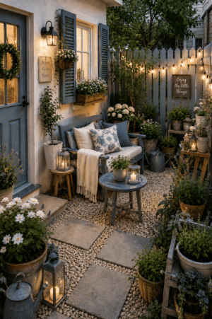 Cozy cottage courtyard garden featuring a blue bench, round table, floral pillows, lanterns, string lights, potted flowers, shutters, and stepping-stone pathway.