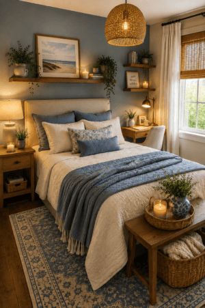 Cozy coastal farmhouse bedroom featuring dusty-blue bedding, ivory linens, wooden furniture, woven pendant lighting, floating shelves, greenery, and vintage patterned rug.