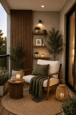 Cozy modern balcony featuring a cushioned wooden lounge chair, olive-green textiles, fluted side table, woven rug, wicker lantern, floating shelves, and greenery.
