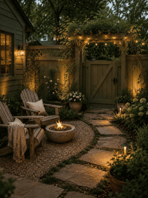 Cozy backyard fire pit retreat featuring wooden Adirondack chairs, warm string lights, vine-covered pergola, cottage garden gate, hydrangeas, and stone pathway.
