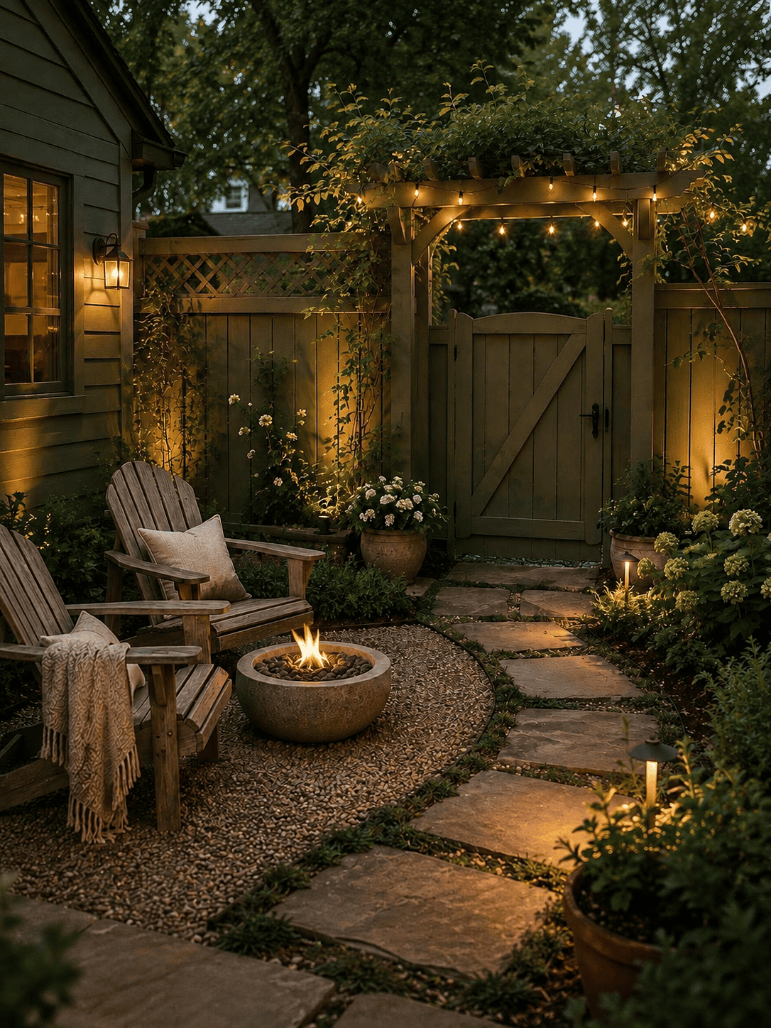 Cozy backyard fire pit retreat featuring wooden Adirondack chairs, warm string lights, vine-covered pergola, cottage garden gate, hydrangeas, and stone pathway.