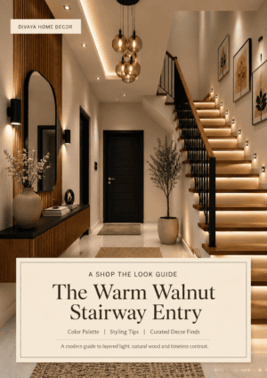 The Warm Walnut Stairway Entry Guide with warm walnut wood, soft neutral walls, and cozy stairway lighting