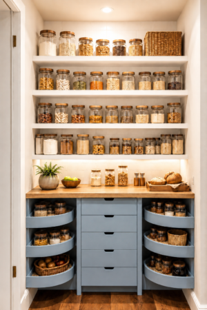 Dusty blue pantry with white open shelves, glass storage jars with wood lids, blue cabinets, warm wood countertop, woven baskets, and organized kitchen pantry storage.