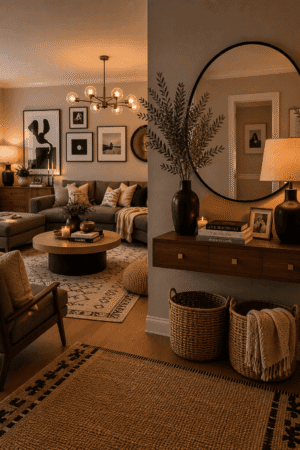 Modern cozy living room and entryway featuring a sectional sofa, coffee table, area rug, console table, round mirror, chandelier, table lamps, decorative baskets, wall art, candles, indoor plants, and contemporary American home decor.