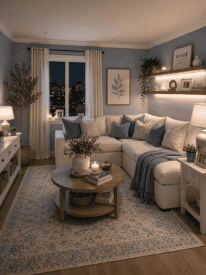 Cozy blue living room featuring a sectional sofa, round wood coffee table, vintage area rug, floating shelves, table lamps, decorative pillows, cozy throw blanket, wall art, indoor plants, candles, and modern American home decor.