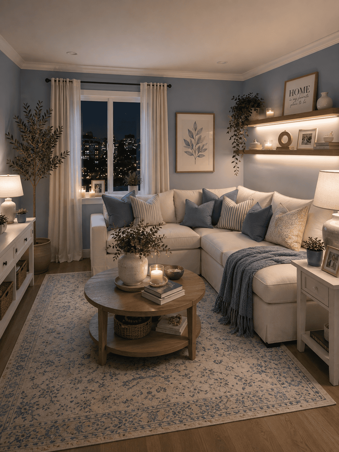 Cozy blue living room featuring a sectional sofa, round wood coffee table, vintage area rug, floating shelves, table lamps, decorative pillows, cozy throw blanket, wall art, indoor plants, candles, and modern American home decor.