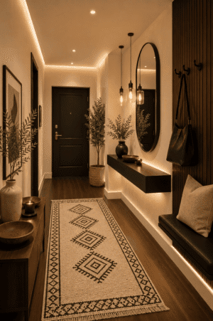 Modern entryway featuring a floating console shelf, oval mirror, hallway runner rug, pendant lighting, entryway bench, wall hooks, decorative vases, indoor plants, candles, and contemporary American home decor.