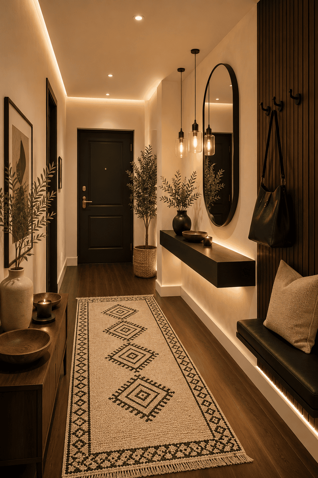 Modern entryway featuring a floating console shelf, oval mirror, hallway runner rug, pendant lighting, entryway bench, wall hooks, decorative vases, indoor plants, candles, and contemporary American home decor.