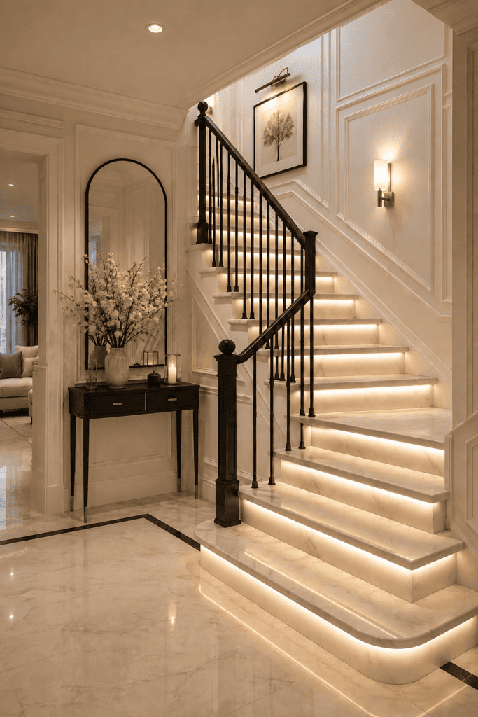 Modern staircase lighting ideas with warm wood treads, glowing step lights, black railings, cream wall molding, and a large neutral planter.