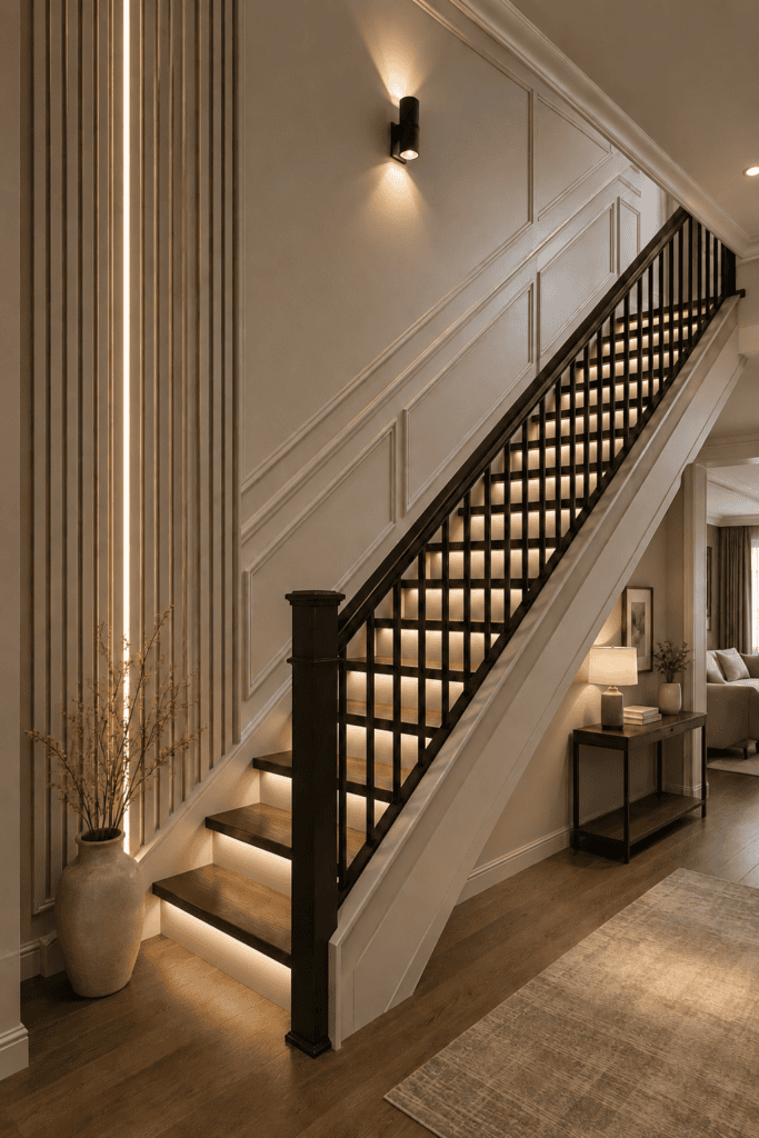 Elegant blue-gray staircase with warm LED step lighting, dark wood treads, black railings, white millwork, and a styled console table.