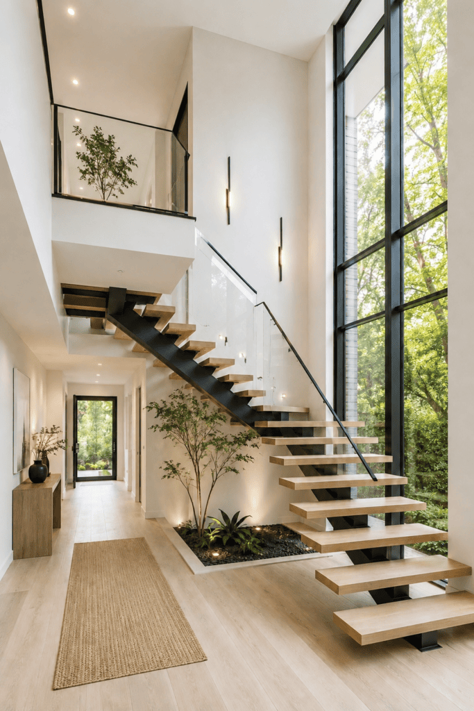 Soft blush and cream staircase with warm illuminated steps, pale wood treads, brass railings, floral decor, and romantic neutral styling.