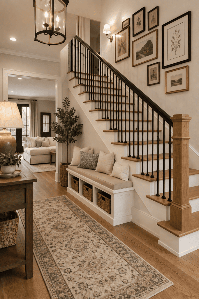 Modern staircase lighting ideas featuring charcoal paneled walls, dark wood stairs, warm under-step lights, black railings, and oversized abstract wall art.