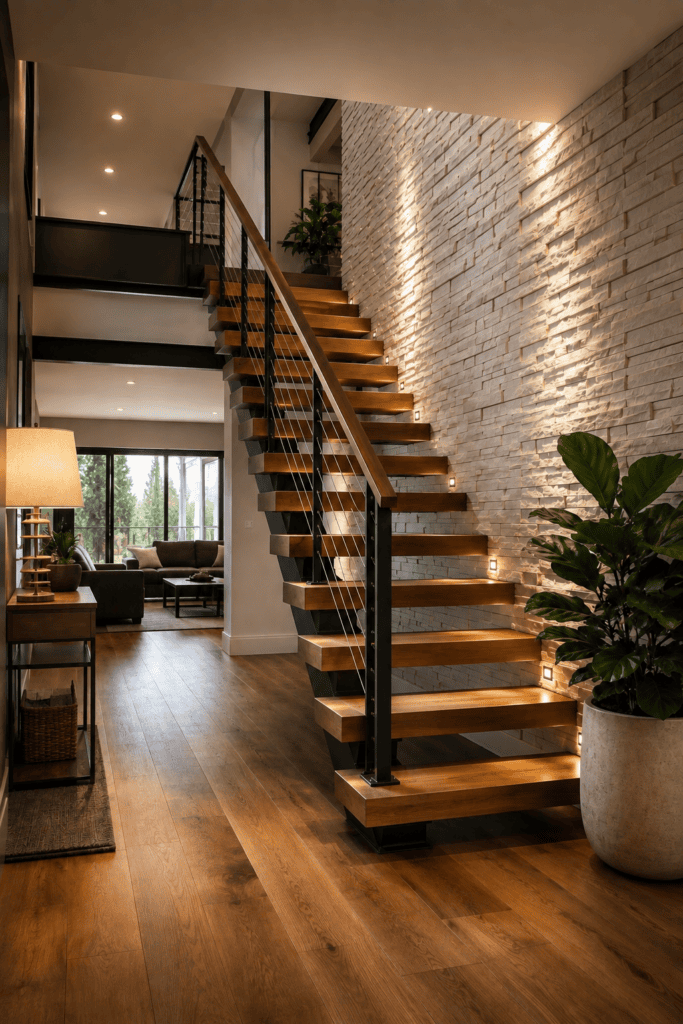 Double-height modern foyer with floating wood staircase, warm step lighting, black metal railings, textured white wall, tall windows, and indoor greenery.