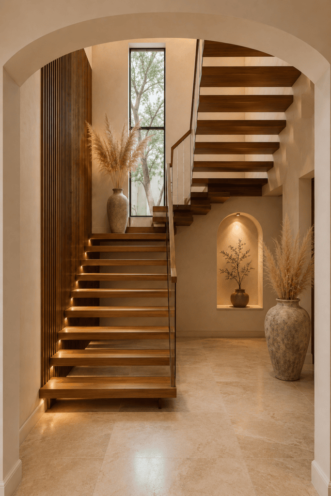 Traditional American foyer with arched doorway, neutral stair runner, warm wood railing, bright window, patterned rug, and classic pendant lighting.