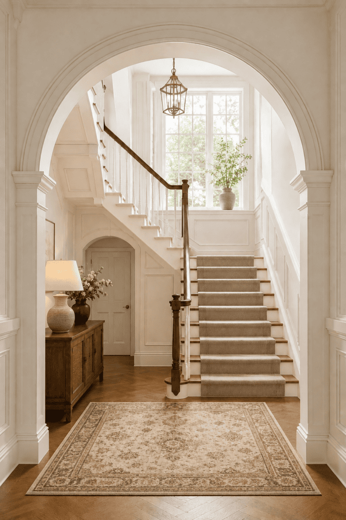 Sculptural floating wood staircase with warm accent lighting, vertical wood slat wall, glass railing, arched opening, and oversized neutral floor vases.
