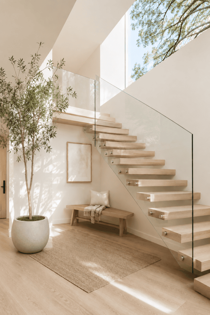 Modern staircase lighting ideas with floating wood steps, illuminated textured stone wall, black railing, warm accent lights, and oversized green plant.